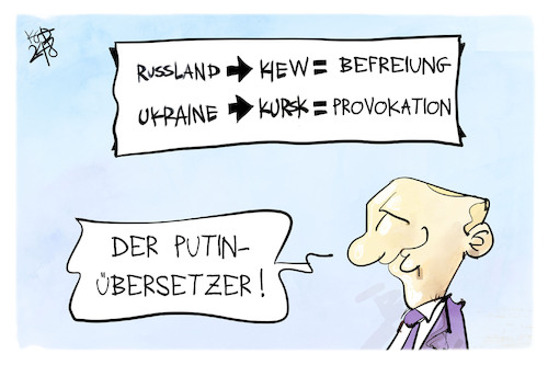 Cartoon: Putin-Übersetzer (medium) by Kostas Koufogiorgos tagged karikatur,koufogiorgos,russland,kursk,putin,ukraine,kiew,befreiung,provokation,übersetzer,karikatur,koufogiorgos,russland,kursk,putin,ukraine,kiew,befreiung,provokation,übersetzer