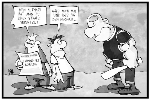 Cartoon: Rechtsextremismus (medium) by Kostas Koufogiorgos tagged karikatur,koufogiorgos,illustration,cartoon,gröning,ss,nazi,neonazi,rechtsextremismus,terrorismus,politik,rechtsextrem,problem,urteil,skinhead,auschwitz,prozess,karikatur,koufogiorgos,illustration,cartoon,gröning,ss,nazi,neonazi,rechtsextremismus,terrorismus,politik,rechtsextrem,problem,urteil,skinhead,auschwitz,prozess