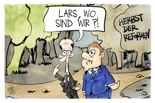 Cartoon: Reformwald (medium) by Kostas Koufogiorgos tagged karikatur,koufogiorgos,klingbeil,merz,reformen,herbst,wald,orientierung,regierung,karikatur,koufogiorgos,klingbeil,merz,reformen,herbst,wald,orientierung,regierung