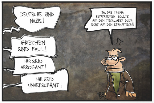 Cartoon: Reparationen (medium) by Kostas Koufogiorgos tagged karikatur,koufogiorgos,illustration,cartoon,griechenland,deutschland,stammtisch,tisch,reparation,zahlung,geld,forderung,vorurteile,klischee,bilateral,diplomatie,politik,vorwürfe,karikatur,koufogiorgos,illustration,cartoon,griechenland,deutschland,stammtisch,tisch,reparation,zahlung,geld,forderung,vorurteile,klischee,bilateral,diplomatie,politik,vorwürfe