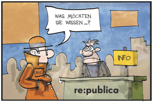 Cartoon: republica (medium) by Kostas Koufogiorgos tagged karikatur,koufogiorgos,illustration,cartoon,republica,internet,konferenz,datenschutz,sicherheit,spionage,agent,geheimdienst,bnd,information,auskunft,digital,karikatur,koufogiorgos,illustration,cartoon,republica,internet,konferenz,datenschutz,sicherheit,spionage,agent,geheimdienst,bnd,information,auskunft,digital