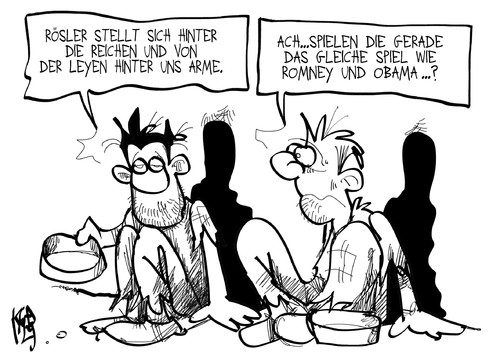 Cartoon: Rösler und von der Leyen (medium) by Kostas Koufogiorgos tagged rösler,fdp,cdu,regierung,von,der,leyen,armut,reichtum,romney,obama,bettler,geld,karikatur,kostas,koufogiorgos,rösler,fdp,cdu,regierung,von,der,leyen,armut,reichtum,romney,obama,bettler,geld,karikatur,kostas,koufogiorgos