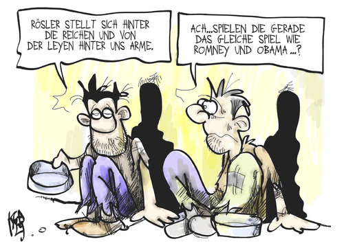 Cartoon: Rösler und von der Leyen (medium) by Kostas Koufogiorgos tagged rösler,fdp,cdu,regierung,von,der,leyen,armut,reichtum,romney,obama,bettler,geld,karikatur,kostas,koufogiorgos,rösler,fdp,cdu,regierung,von,der,leyen,armut,reichtum,romney,obama,bettler,geld,karikatur,kostas,koufogiorgos