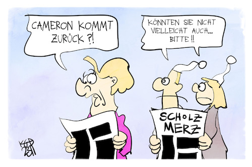 Cartoon: Rückkehr von Cameron (medium) by Kostas Koufogiorgos tagged karikatur,koufogiorgos,cameron,merkel,michel,karikatur,koufogiorgos,cameron,merkel,michel