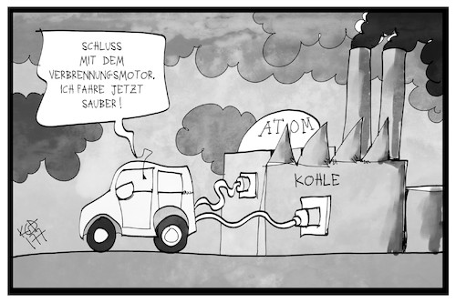 Cartoon: Saubere E-Mobilität (medium) by Kostas Koufogiorgos tagged karikatur,koufogiorgos,illustration,cartoon,verbrennungsmotor,mobilität,verkehr,auto,industrie,kraftwerk,atom,kohle,umwelt,emissionen,abgas,verschmutzung,karikatur,koufogiorgos,illustration,cartoon,verbrennungsmotor,mobilität,verkehr,auto,industrie,kraftwerk,atom,kohle,umwelt,emissionen,abgas,verschmutzung