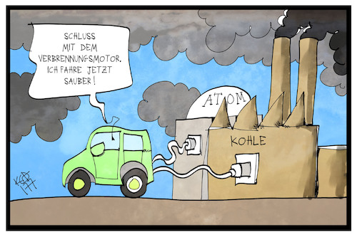 Cartoon: Saubere E-Mobilität (medium) by Kostas Koufogiorgos tagged karikatur,koufogiorgos,illustration,cartoon,verbrennungsmotor,mobilität,verkehr,auto,industrie,kraftwerk,atom,kohle,umwelt,emissionen,abgas,verschmutzung,karikatur,koufogiorgos,illustration,cartoon,verbrennungsmotor,mobilität,verkehr,auto,industrie,kraftwerk,atom,kohle,umwelt,emissionen,abgas,verschmutzung