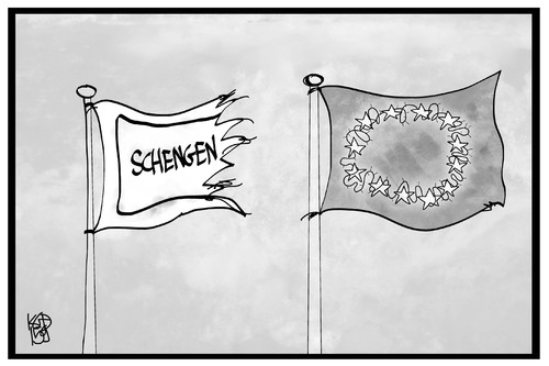 Cartoon: Schengener Abkommen (medium) by Kostas Koufogiorgos tagged karikatur,koufogiorgos,illustration,cartoon,eu,europa,fahne,flagge,halbmast,grenzkontrollen,flüchtlingskrise,grenze,karikatur,koufogiorgos,illustration,cartoon,eu,europa,fahne,flagge,halbmast,grenzkontrollen,flüchtlingskrise,grenze