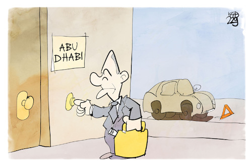 Cartoon: Scholz in Abu Dhabi (medium) by Kostas Koufogiorgos tagged karikatur,koufogiorgos,scholz,abu,dhabi,treibstoff,energie,panne,diesel,benzin,öl,karikatur,koufogiorgos,scholz,abu,dhabi,treibstoff,energie,panne,diesel,benzin,öl