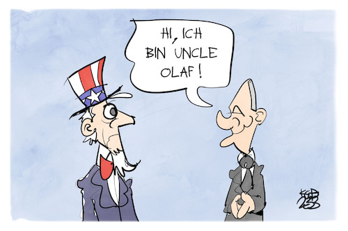 Cartoon: Scholz in den USA (medium) by Kostas Koufogiorgos tagged koufogiorgos,karikatur,uncle,sam,olaf,usa,bundeskanzler,koufogiorgos,karikatur,uncle,sam,olaf,usa,bundeskanzler