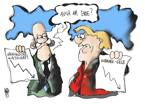 Cartoon: Schwarz-Gelb (medium) by Kostas Koufogiorgos tagged cdu,fdp,schwarz,gelb,merkel,wahl,landtagswahl,bremen,wirtschaft,papandreou,griechenland,absturz