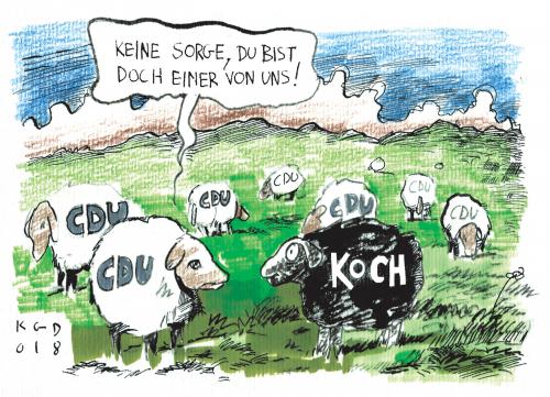 Cartoon: Schwarzes Schaf (medium) by Kostas Koufogiorgos tagged koch,hessen,cdu,landtagswahl,,roland koch,roland,koch,ministerpräsident,hessen,politik,partei,cdu,landtag,landtagswahlen,unterstüzung,allein,rückendeckung,schwarzes schaf,schwarzes,schaf,grasweide,jugendkriminalität,strafe,bestrafung,ausländer,abschiebung,rassismus,konservativ,vorurteil,polemik,populismus,kontrast,unterschied,kollektiv,zusammenhalt,zusammenhalten,loyalität,illoyalität,loyal,illoyal,heucheln,heuchler,heuchlerei