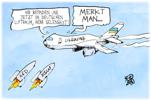 Cartoon: Selenskyj in Deutschland (medium) by Kostas Koufogiorgos tagged karikatur,koufogiorgos,selenskyj,flugzeug,bsw,afd,waffen,ukraine,luftraum,karikatur,koufogiorgos,selenskyj,flugzeug,bsw,afd,waffen,ukraine,luftraum