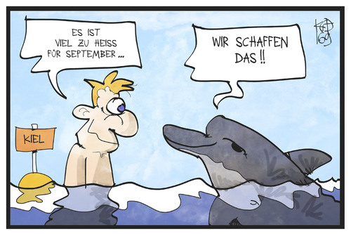 Cartoon: September mit Delfin (medium) by Kostas Koufogiorgos tagged karikatur,koufogiorgos,illustration,cartoon,delfin,schwimmen,schwimmer,baden,kiel,kieler,förde,sommer,wasser,heiss,september,wetter,klima,hitze,karikatur,koufogiorgos,illustration,cartoon,delfin,schwimmen,schwimmer,baden,kiel,kieler,förde,sommer,wasser,heiss,september,wetter,klima,hitze