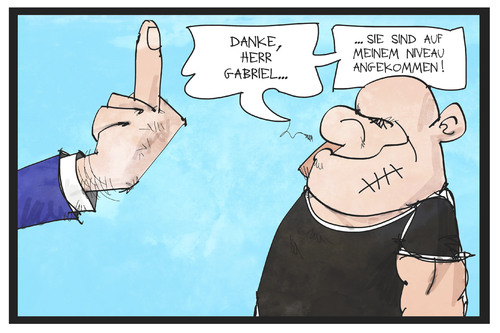 Cartoon: Sigmar Gabriel (medium) by Kostas Koufogiorgos tagged beleidigung,demonstrant,niveaulos,niveau,mittelfinger,stinkefinger,extremist,rechter,neonazi,gabriel,cartoon,illustration,koufogiorgos,karikatur,vizekanzler,politiker,rechtsextremist,karikatur,koufogiorgos,illustration,cartoon,gabriel,neonazi,rechter,extremist,stinkefinger,mittelfinger,niveau,niveaulos,demonstrant,beleidigung,vizekanzler,politiker,rechtsextremist