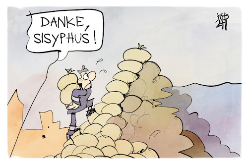 Cartoon: Sisyphusarbeit (medium) by Kostas Koufogiorgos tagged karikatur,koufogiorgos,wasser,hochwasser,feuerwehr,thw,sisyphus,berg,sandsack,karikatur,koufogiorgos,wasser,hochwasser,feuerwehr,thw,sisyphus,berg,sandsack