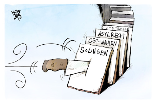 Cartoon: Solingen und die Folgen (medium) by Kostas Koufogiorgos tagged karikatur,koufogiorgos,solingen,messer,asylrecht,demokratie,wahl,osten,domino,karikatur,koufogiorgos,solingen,messer,asylrecht,demokratie,wahl,osten,domino