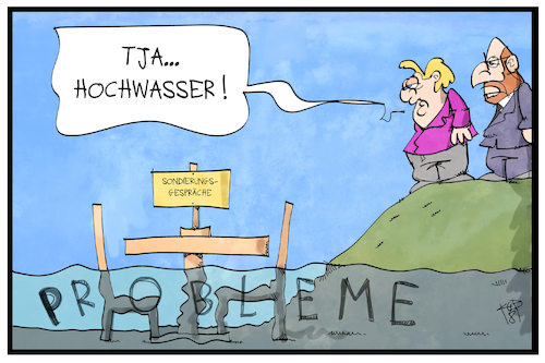 Cartoon: Sondierungsgespräche (medium) by Kostas Koufogiorgos tagged karikatur,koufogiorgos,illustration,cartoon,sondierung,hochwasser,merkel,schulz,groko,cdu,union,spd,tisch,stühle,verhandlung,politik,karikatur,koufogiorgos,illustration,cartoon,sondierung,hochwasser,merkel,schulz,groko,cdu,union,spd,tisch,stühle,verhandlung,politik