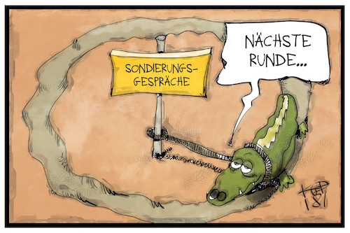 Cartoon: Sondierungsgespräche (medium) by Kostas Koufogiorgos tagged karikatur,koufogiorgos,illustration,cartoon,sondierungsgespraeche,sondierung,groko,krokodil,grokodil,dauer,zeit,runde,politik,regierungsbildung,karikatur,koufogiorgos,illustration,cartoon,sondierungsgespraeche,sondierung,groko,krokodil,grokodil,dauer,zeit,runde,politik,regierungsbildung