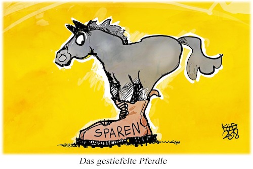 Cartoon: Sparprogramm für Stuttgart (medium) by Kostas Koufogiorgos tagged karikatur,koufogiorgos,sparen,stuttgart,pferd,stiefel,maerchen,karikatur,koufogiorgos,sparen,stuttgart,pferd,stiefel,maerchen