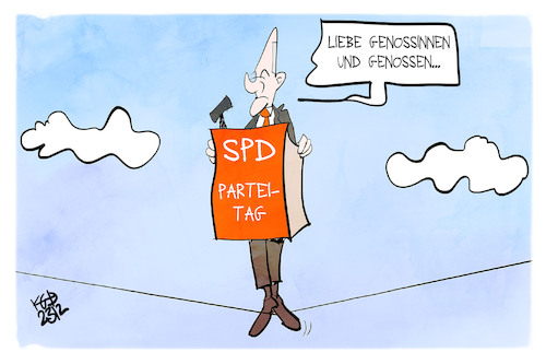 Cartoon: SPD-Parteitag (medium) by Kostas Koufogiorgos tagged karikatur,koufogiorgos,scholz,parteitag,spd,balance,drahtseil,karikatur,koufogiorgos,scholz,parteitag,spd,balance,drahtseil