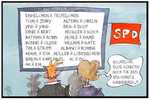 Cartoon: SPD-Vorsitz (medium) by Kostas Koufogiorgos tagged karikatur,koufogiorgos,illustration,cartoon,spd,vorsitz,duo,prominent,sozialdemokraten,karikatur,koufogiorgos,illustration,cartoon,spd,vorsitz,duo,prominent,sozialdemokraten