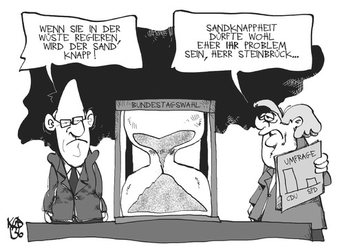 Cartoon: Steinbrück vs. Merkel (medium) by Kostas Koufogiorgos tagged steinbrück,merkel,rede,sanduhr,bundestagwahl,umfrage,karikatur,koufogiorgos,steinbrück,merkel,rede,sanduhr,bundestagwahl,umfrage,karikatur,koufogiorgos