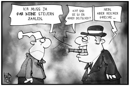 Cartoon: Steuergerechtigkeit (medium) by Kostas Koufogiorgos tagged karikatur,koufogiorgos,illustration,cartoon,deutschland,griechenland,michel,deutscher,grieche,steuern,einnahmen,steuergerechtigkeit,abgabe,reich,arm,betrug,politik,finanzen,karikatur,koufogiorgos,illustration,cartoon,deutschland,griechenland,michel,deutscher,grieche,steuern,einnahmen,steuergerechtigkeit,abgabe,reich,arm,betrug,politik,finanzen