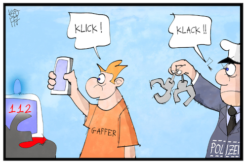 Cartoon: Strafe für Gaffer (medium) by Kostas Koufogiorgos tagged karikatur,koufogiorgos,illustration,cartoon,gaffer,polizei,handschellen,gefängnis,strafe,rettungskräfte,smartphone,foto,karikatur,koufogiorgos,illustration,cartoon,gaffer,polizei,handschellen,gefängnis,strafe,rettungskräfte,smartphone,foto