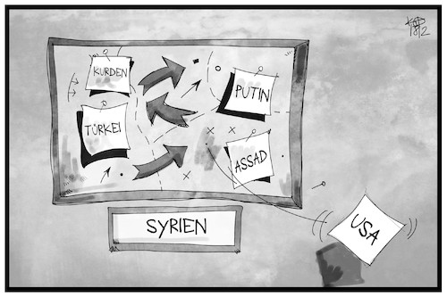 Cartoon: Syrien-Strategie (medium) by Kostas Koufogiorgos tagged karikatur,koufogiorgos,illustration,cartoon,syrien,abzug,truppen,armee,militär,erdogan,putin,usa,krieg,konflikt,strategie,karikatur,koufogiorgos,illustration,cartoon,syrien,abzug,truppen,armee,militär,erdogan,putin,usa,krieg,konflikt,strategie