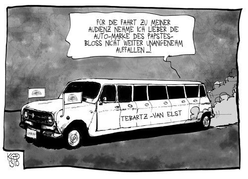 Cartoon: Tebartz-van Elst (medium) by Kostas Koufogiorgos tagged tebartz,van,elst,papst,franziskus,bischof,limburg,renault,limousine,audienz,karikatur,koufogiorgos,tebartz,van,elst,papst,franziskus,bischof,limburg,renault,limousine,audienz,karikatur,koufogiorgos