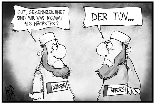 Cartoon: Terroristen-Kennzeichnung (medium) by Kostas Koufogiorgos tagged karikatur,koufogiorgos,illustration,cartoon,terrorismus,salafist,terrorist,kennzeichnung,tüv,politik,prävention,karikatur,koufogiorgos,illustration,cartoon,terrorismus,salafist,terrorist,kennzeichnung,tüv,politik,prävention