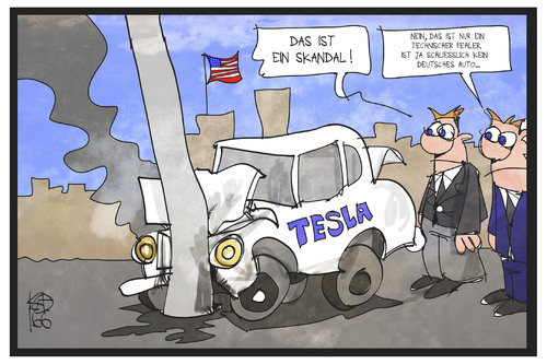 Cartoon: Tesla-Unfall (medium) by Kostas Koufogiorgos tagged karikatur,koufogiorgos,illustration,cartoon,usa,tesla,skandal,unfall,auto,selbstfahrend,technologie,deutschland,karikatur,koufogiorgos,illustration,cartoon,usa,tesla,skandal,unfall,auto,selbstfahrend,technologie,deutschland