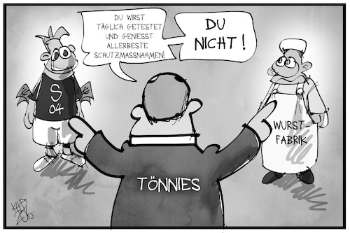 Cartoon: Tönnies Doppelmoral (medium) by Kostas Koufogiorgos tagged karikatur,koufogiorgos,illustration,cartoon,toennies,schalke,manager,präsident,fleischer,schlachter,wurstfabrik,arbeiter,doppelmoral,fussball,verein,geld,armut,spieler,corona,schutzmassnahmen,karikatur,koufogiorgos,illustration,cartoon,toennies,schalke,manager,präsident,fleischer,schlachter,wurstfabrik,arbeiter,doppelmoral,fussball,verein,geld,armut,spieler,corona,schutzmassnahmen