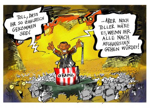 Cartoon: Toll daß Ihr alle da seid! (medium) by Kostas Koufogiorgos tagged barack,obama,usa,wahlkampf,präsident,berlin,siegessäule,rede,afghanistan,nato,soldaten,truppen,anti,terror,kostas,koufogiorgos,barack obama,barack,obama,wahl,präsidentschaftskandidat,präsident,kandidat,demokrat,republikaner,usa,amerika,vereinigte staaten,vereinigte,staaten,weißes haus,weißes,haus,vision,symbolik,diplomatie,bündnis,unterstützung,liberal,veränderung,militär,armee,soldaten,nato,bundeswehr,panzer,auslandseinsatz,stationierung,muslim,islam,koran,allah,afghanistan,osama bin laden,osama,binladen,bin,laden,taliban,al qaida,jihad,selbstmord,al,qaida,heiliger krieg,heiliger,krieg,terrorismus,terror,world trade center,world,trade,center,deutschland,staatsbesuch,besuch,deutsche volk,deutsche,volk,berlin,siegessäule,rede,beifall,sympathie,franz josef jung,franz,josef,jung,verteidigungsminister