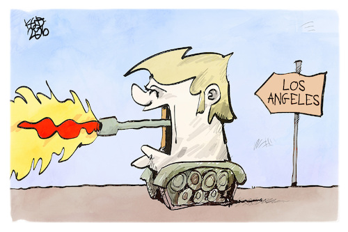 Cartoon: Trump-Panzer (medium) by Kostas Koufogiorgos tagged karikatur,koufogiorgos,trump,panzer,los,angeles,ausschreitungen,nationalgarde,feuer,karikatur,koufogiorgos,trump,panzer,los,angeles,ausschreitungen,nationalgarde,feuer