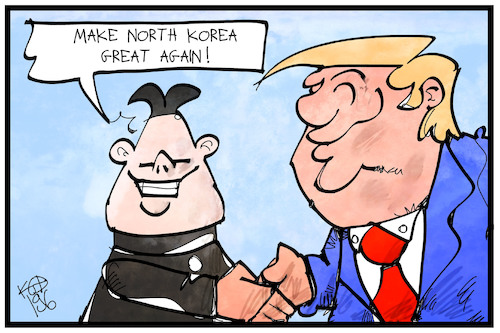 Cartoon: Trump und Kim (medium) by Kostas Koufogiorgos tagged karikatur,koufogiorgos,illustration,cartoon,nordkorea,trump,usa,kim,jong,un,motto,treffen,karikatur,koufogiorgos,illustration,cartoon,nordkorea,trump,usa,kim,jong,un,motto,treffen