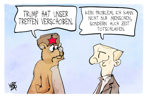 Cartoon: Trump und Putin (medium) by Kostas Koufogiorgos tagged karikatur,koufogiorgos,trump,putin,bär,töten,zeit,mensch,karikatur,koufogiorgos,trump,putin,bär,töten,zeit,mensch
