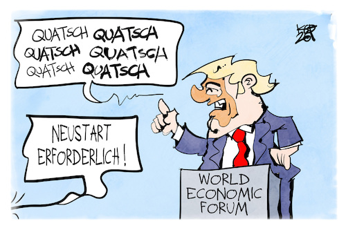 Cartoon: Trumps Rede in Davos (medium) by Kostas Koufogiorgos tagged karikatur,koufogiorgos,davos,neustart,trump,quatsch,wef,karikatur,koufogiorgos,davos,neustart,trump,quatsch,wef