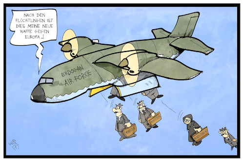 Cartoon: Türkische Luftwaffe (medium) by Kostas Koufogiorgos tagged karikatur,koufogiorgos,illustration,cartoon,europa,tuerkei,erdogan,flugzeug,luftwaffe,minister,wahlkampfauftritt,kamp,waffe,erpressung,karikatur,koufogiorgos,illustration,cartoon,europa,tuerkei,erdogan,flugzeug,luftwaffe,minister,wahlkampfauftritt,kamp,waffe,erpressung