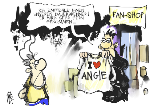 Cartoon: Umfragewerte (medium) by Kostas Koufogiorgos tagged merkel,umfrage,beliebtheit,fan,michel,cdu,kanzlerin,karikatur,kostas,koufogiorgos,merkel,beliebtheit