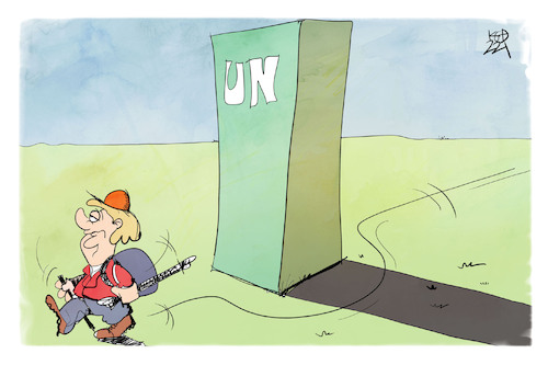 Cartoon: UN-Jobangebot (medium) by Kostas Koufogiorgos tagged karikatur,koufogiorgos,illustration,cartoon,merkel,un,vereinte,nationen,wanderung,altkanzlerin,new,york,jobangebot,bogen,karikatur,koufogiorgos,illustration,cartoon,merkel,un,vereinte,nationen,wanderung,altkanzlerin,new,york,jobangebot,bogen