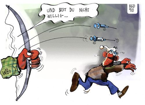 Cartoon: Und bist Du nicht willig... (medium) by Kostas Koufogiorgos tagged schweinegrippe,grippe,krankheit,gesundheit,who,impfung,immunisierung,michel,spritze,impfstoff,nebenwirkung,arzt,pfeil,schuetze,karikatur,kostas,koufogiorgos,schweinegrippe,grippe,krankheit,gesundheit,who,impfung,immunisierung,spritze,impfstoff,nebenwirkung,arzt,pfeil,virus,panik,angst