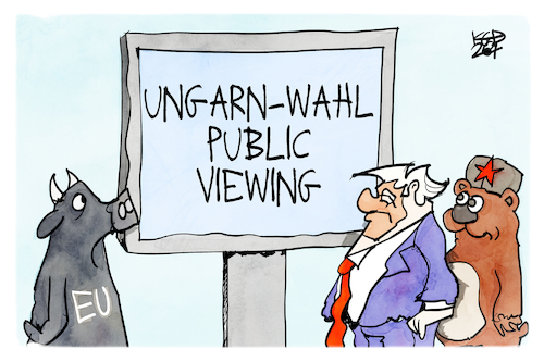 Cartoon: Ungarn-Wahl (medium) by Kostas Koufogiorgos tagged karikatur,koufogiorgos,ungarn,public,viewing,eu,russland,bär,usa,karikatur,koufogiorgos,ungarn,public,viewing,eu,russland,bär,usa