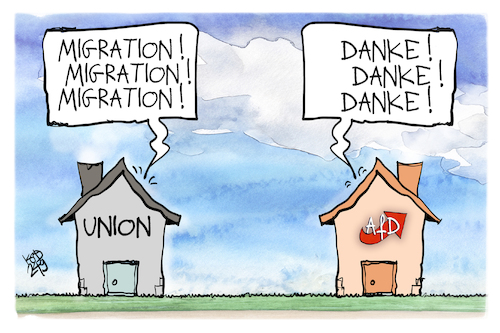 Cartoon: Unions-Klausur (medium) by Kostas Koufogiorgos tagged karikatur,koufogiorgos,union,klausur,migration,afd,danke,haus,thema,karikatur,koufogiorgos,union,klausur,migration,afd,danke,haus,thema