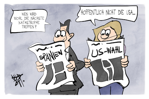 Cartoon: US-Wahl und andere Katastrophen (medium) by Kostas Koufogiorgos tagged karikatur,koufogiorgos,usa,wahl,spanien,unwetter,katastrophe,karikatur,koufogiorgos,usa,wahl,spanien,unwetter,katastrophe