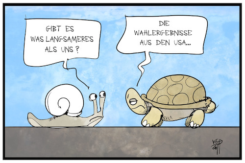 Cartoon: US-Wahlergebnisse (medium) by Kostas Koufogiorgos tagged karikatur,koufogiorgos,illustration,cartoon,usa,wahl,wahlergebnis,schildkröte,schnecke,langsamkeit,warten,tier,demokratie,auszählung,karikatur,koufogiorgos,illustration,cartoon,usa,wahl,wahlergebnis,schildkröte,schnecke,langsamkeit,warten,tier,demokratie,auszählung