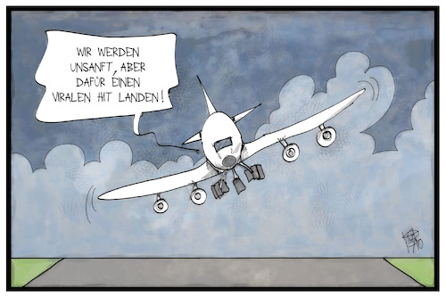 Cartoon: Virale Hitlandung (medium) by Kostas Koufogiorgos tagged karikatur,koufogiorgos,illustrtion,cartoon,xavier,airbus,a380,viral,hit,internet,flugzeug,sturm,seitenwind,unsanft,landung,karikatur,koufogiorgos,illustrtion,cartoon,xavier,airbus,a380,viral,hit,internet,flugzeug,sturm,seitenwind,unsanft,landung