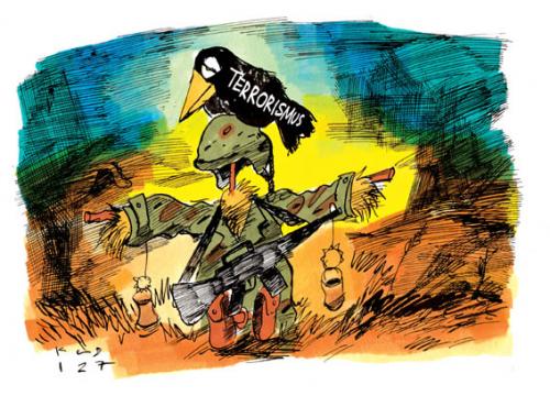 Cartoon: Vogelscheuche Scarecrow (medium) by Kostas Koufogiorgos tagged terror,terrorismus,algerien,al,kaida,algerien,terror,terrorismus,attentat,anschlag,anschläge,bombenanschlag,bombe,al kaida,al qaida,al,kaida,qaida,osama bin laden,osama,bin,laden,jihad,vogelscheuche,krähen,abschrecken,nutzlos,placebo,witzfiguren,ausseneinsatz,soldaten,militär,abwehr,bekämpung,weltpolizei,usa,europa,bundeswehr,sicherheit