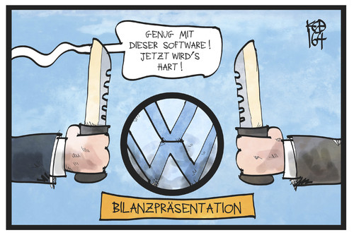 Cartoon: vw-Streit um die Dividende (medium) by Kostas Koufogiorgos tagged karikatur,koufogiorgos,illustration,cartoon,vw,volkswagen,dividende,streit,software,messer,dieselgate,abgasskandal,wirtschaft,bilanz,karikatur,koufogiorgos,illustration,cartoon,vw,volkswagen,dividende,streit,software,messer,dieselgate,abgasskandal,wirtschaft,bilanz