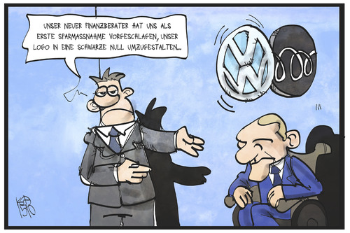 Cartoon: VW spart (medium) by Kostas Koufogiorgos tagged karikatur,koufogiorgos,illustration,cartoon,schäuble,vw,volkswagen,automobil,konzern,industrie,berater,schwarze,null,logo,umwandlung,wirtschaft,dieselgate,abgasskandal,karikatur,koufogiorgos,illustration,cartoon,schäuble,vw,volkswagen,automobil,konzern,industrie,berater,schwarze,null,logo,umwandlung,wirtschaft,dieselgate,abgasskandal